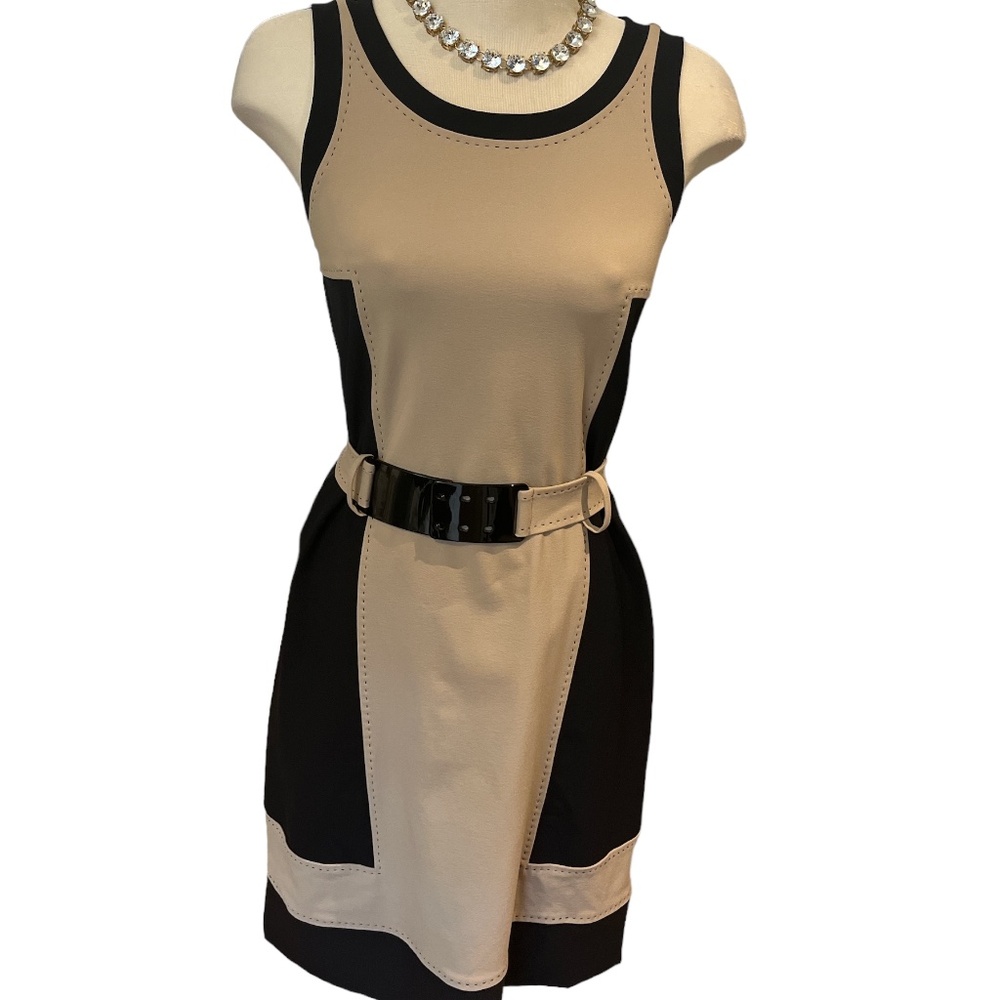 FENDI Authentic Dress Eu Size 42 Camel & Black Knee Length Belted Exposed Stitch